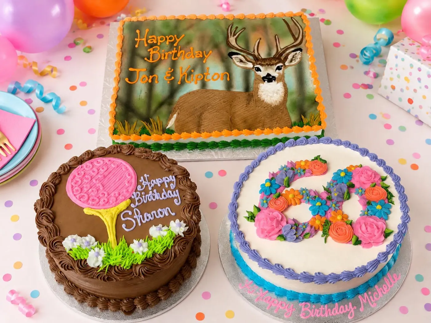 Deer, golf and floral birthday cakes