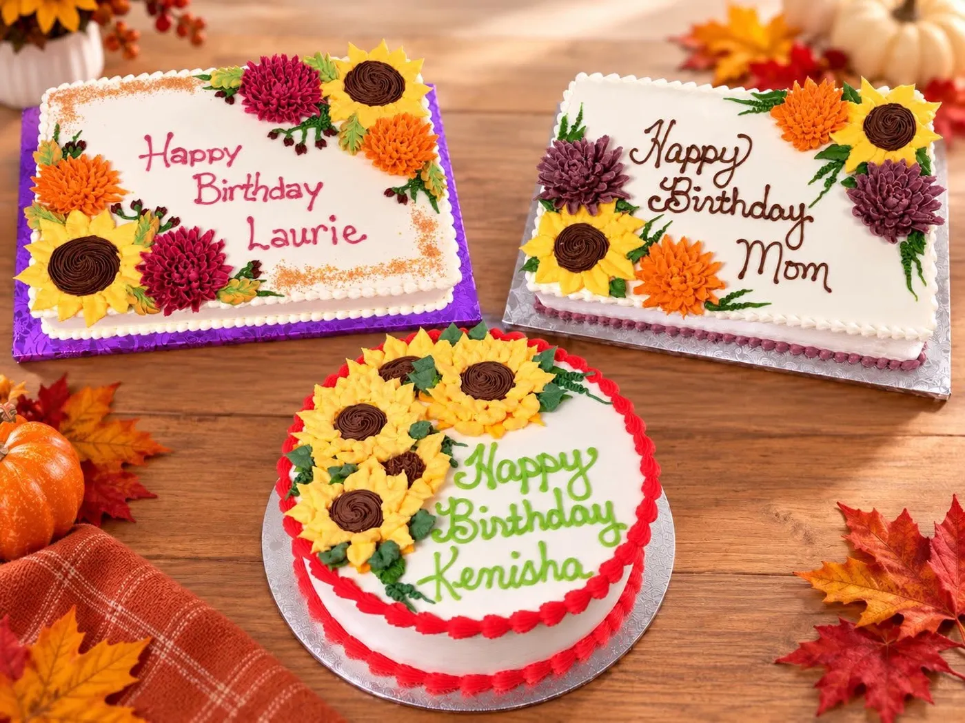 Sunflower and mum decorated birthday cakes