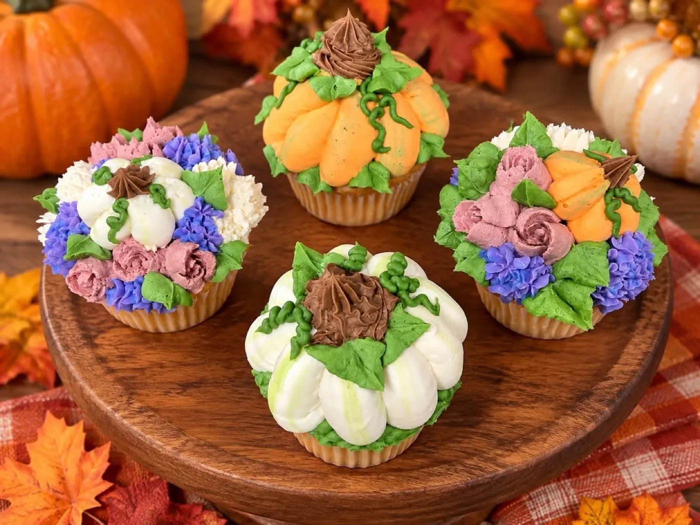 Pumpkin and flower cupcakes