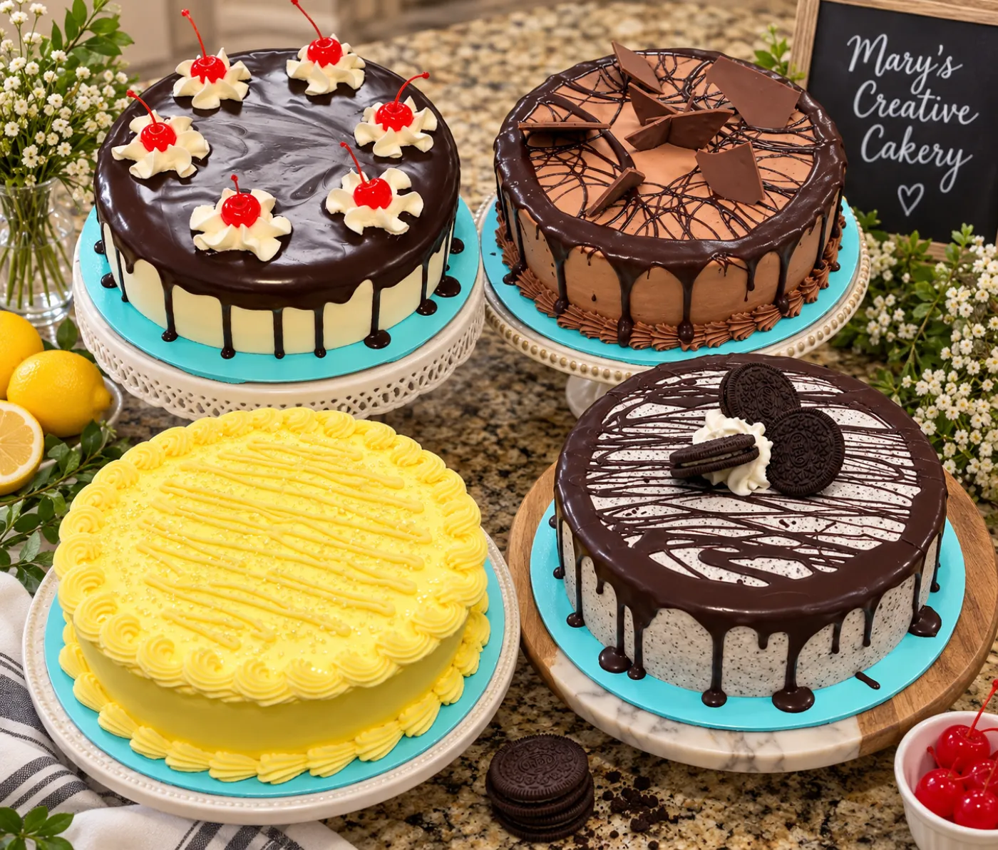 Four gourmet cakes: cherry-topped chocolate glaze, chocolate mousse, lemon, and cookies and cream
