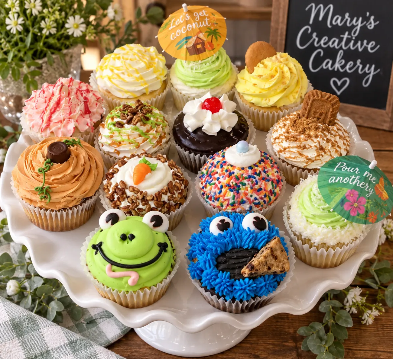 A stand of gourmet cupcakes, including carrot cake, coconut, cookie butter, a frog and a cookie monster